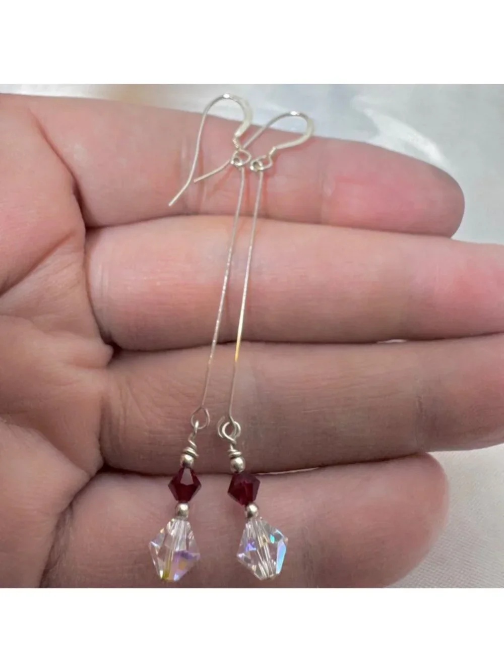 White & Red Crystal Sterling Silver 925 Long Dangle Earrings 2.75